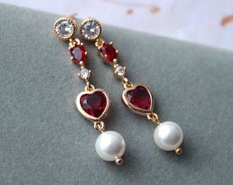 Boucles d'oreilles de mariée rouges, boucles d'oreilles de mariage, boucles d'oreilles art déco, boucles d'oreilles pendantes en perles, bijoux de mariage coeur, boucles d'oreilles de demoiselle d'honneur, bal de promo