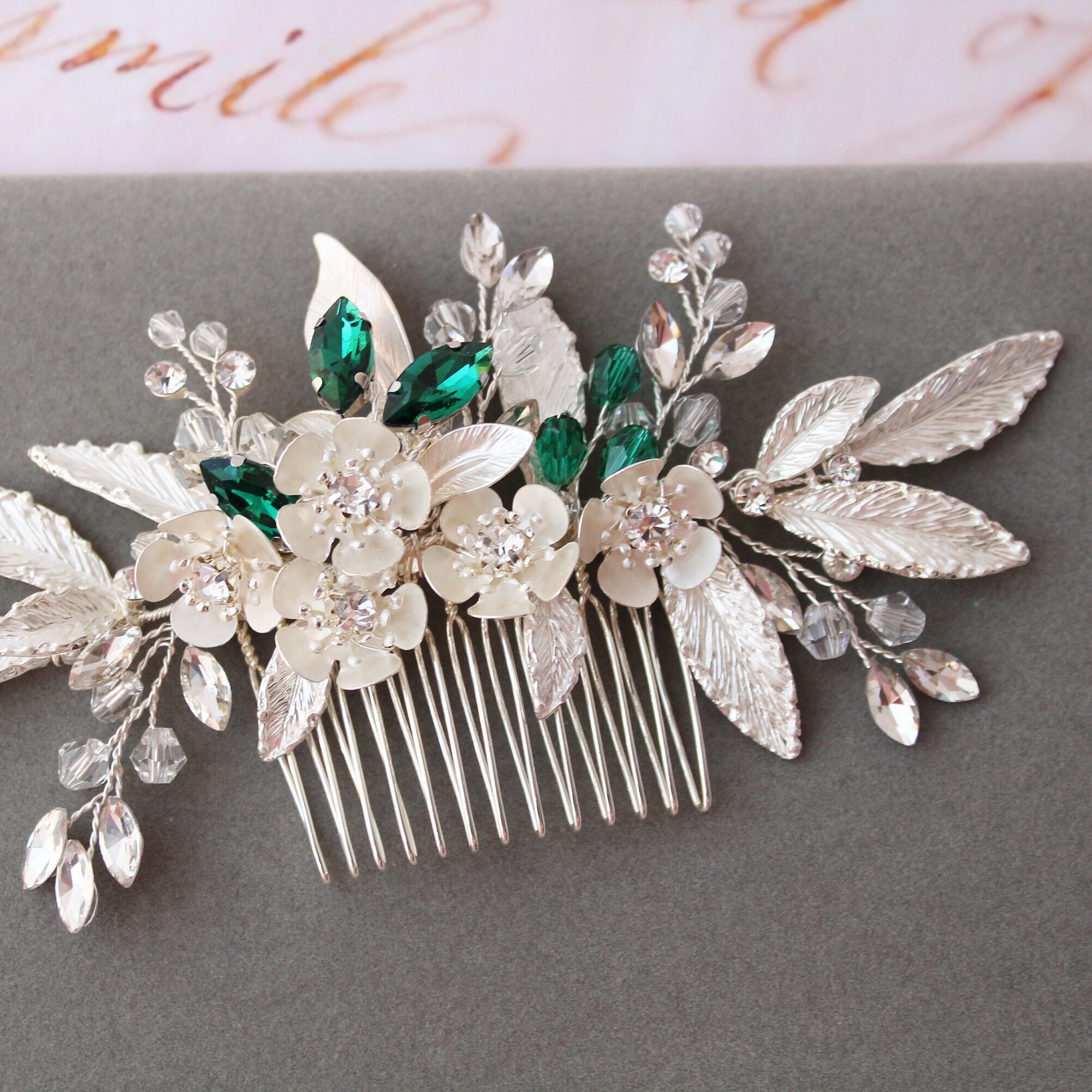 Silver Emerald Bridal Hair Comb: Diamant Leaf Wedding Hair Piece, Floral Headpiece