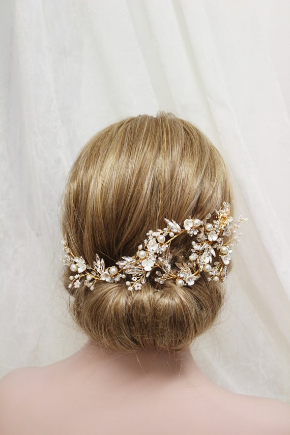Gold Wedding Hair Vine, Crystal Pearl Floral Headpiece  display picture 2