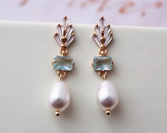 Gold Light Blue Pearl Drop Bridal Necklace Earring Set Wedding Earrings Pearl bridal earrings Dainty wedding jewellery set Gift for bride