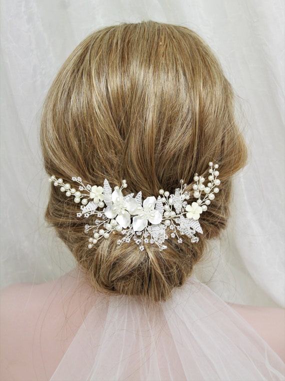 Elegant Silver Floral Hair Accessory Amazon.com : Bessney Flower Wedding Hair Vine Pearl Bridal  main image 2