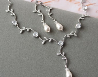 Boho Bridal Jewelry Set , Leaf Bridal Necklace And Earrings, Silver  Pearl Drop Earrings Wedding Jewelry set Pearl jewellery gift prom