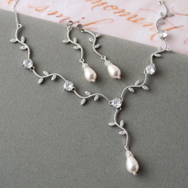 Boho Bridal Jewelry Set , Leaf Bridal Necklace And Earrings, Silver  Pearl Drop Earrings Wedding Jewelry set Pearl jewellery gift prom