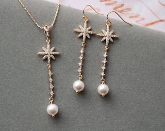 Gold Starburst necklace and earrings, Bridal earrings, Pearl Bridal jewellery set Star earrings, Snowflake Earrings, Prom jewellery