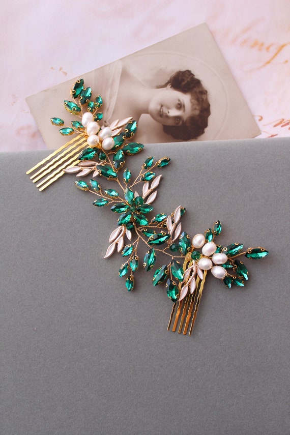 Gold Emerald Bridal Hair Comb: Green Crystal ,leaf  display picture 1