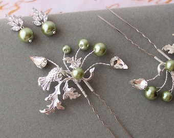 Green Scottish Thistle Bridal Hair Pin Wedding hair pin Olive Bridal Hair Piece Wedding Headpiece Hair Accessory Thistle Hair Vine Bridal