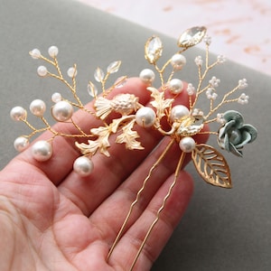 Gold Bridal Hair Pin: Thistle Sage Green Bridal Headpiece , Scottish Floral Hair Clip,