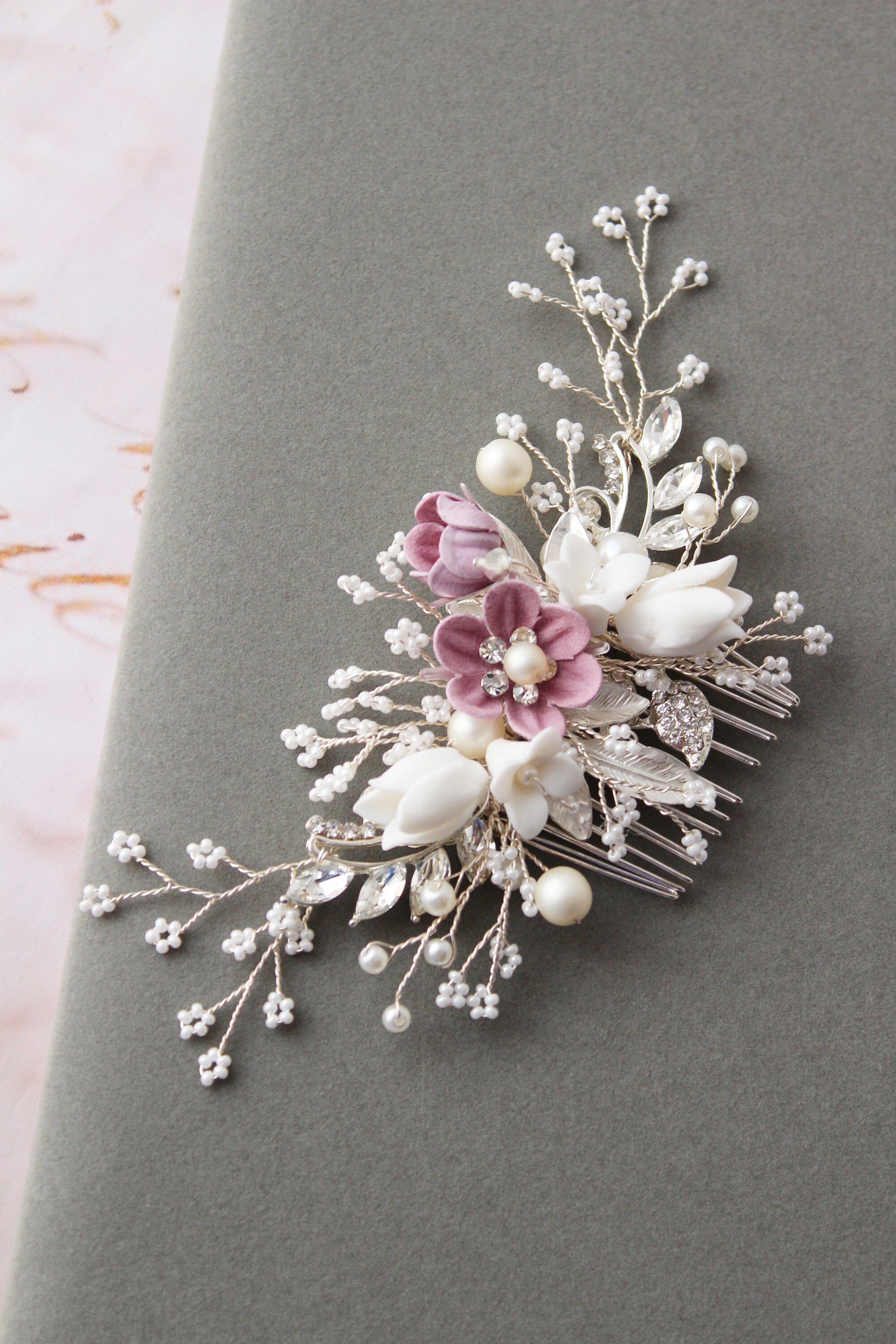 Silver Platinum Rose Vine Hair Comb Headpiece Bridal Haircomb | Vintage Silver Leaf Crystal Hair Comb  main image 3