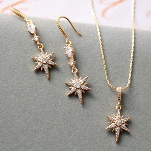 Gold Star Bridal Earrings And Necklace set Starburst Wedding Earrings Celestial Earrings Star Dangle Earrings, Wedding Jewelry set for bride