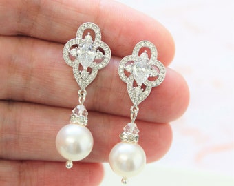Silver Pearl Bridal Earrings Wedding jewelry for brides Bridesmaid Pearl drop Earrings Art Deco Earrings Cz Bridal Jewelry Bridesmaid Gift