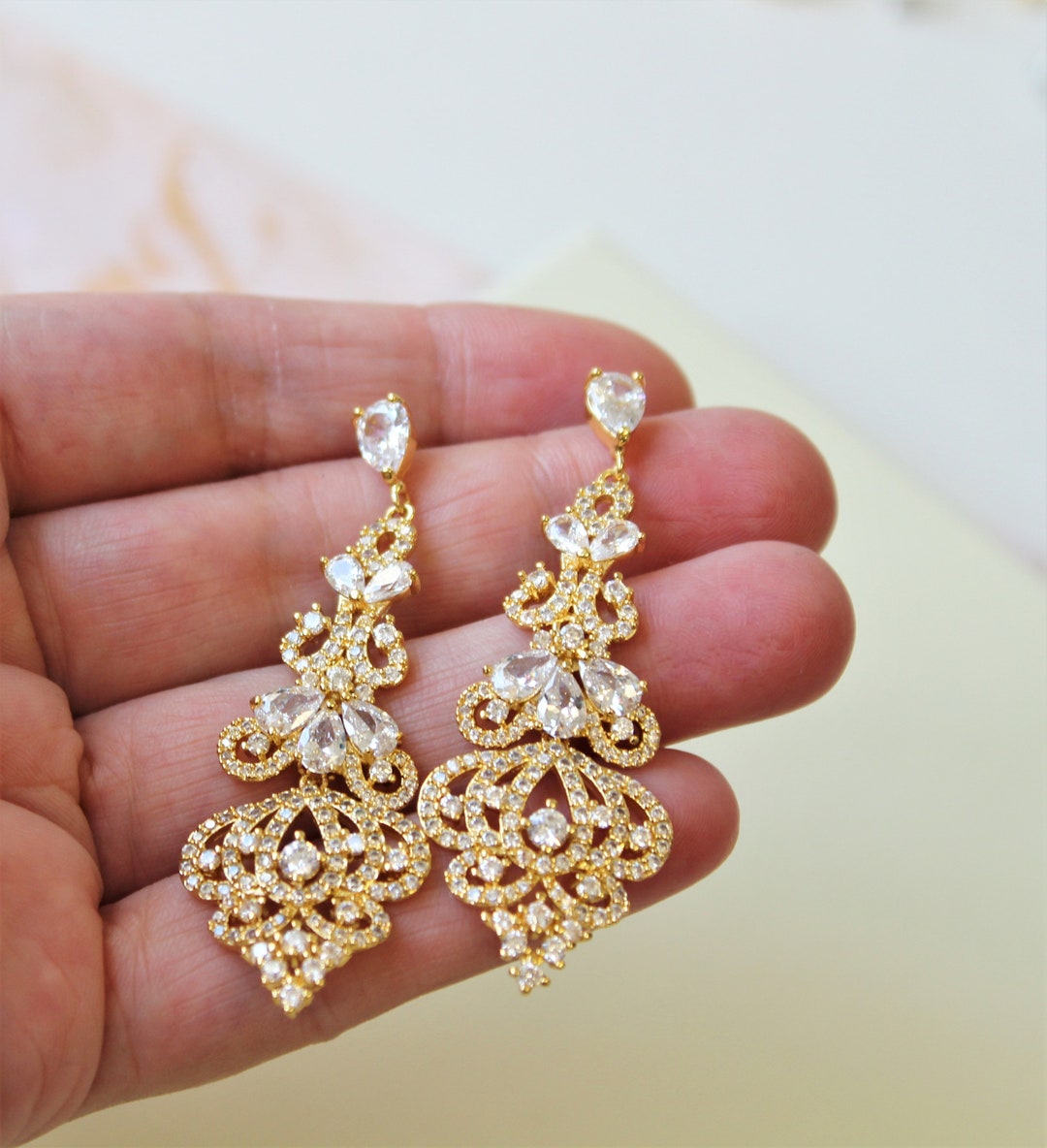 Gold Bridal Earrings Art Deco Wedding Earrings Vintage Style Crystal