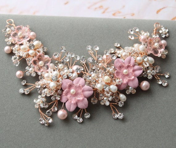 Elegant Pink and Gold Floral Pearl hair piece Amazon.com : Hair Side Combs Bride Wedding Hair Comb Flowers  main image 3