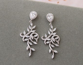 Silver Crystal Drop Bridal Earrings, Leaf Earrings, Wedding Earrings, Bridal jewellery , Zirconia Bridal jewelry , Dangle earrings for bride