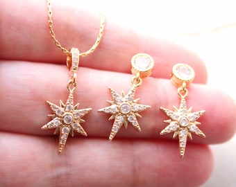 Gold Starburst Bridal Earrings And Necklace Set Celestial wedding earrings Star Jewellery Set Crystal Wedding Jewelry Bridesmaid earrings