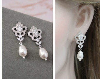 Silver Vintage style Bride Pearl Drop Earrings, Art Deco  Earrings, Pearl Earrings ,Wedding Earrings, Wedding Jewelry, CZ Bridal jewelry