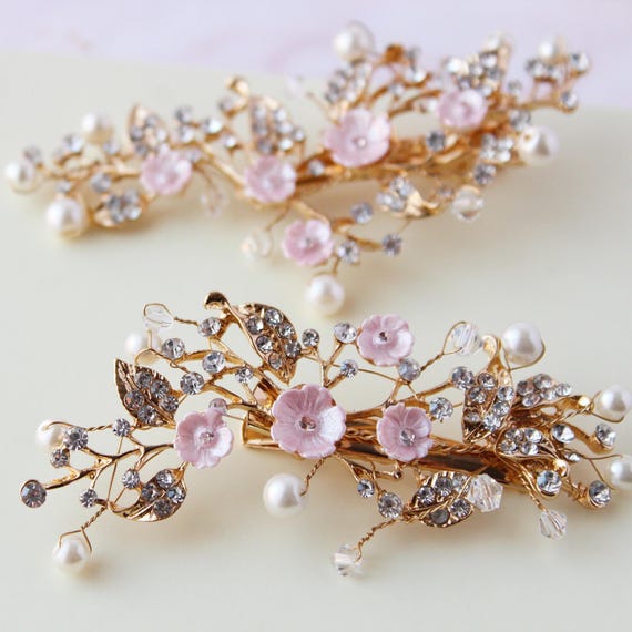 Floral Hair Clip with Pink and Gold Accents Ivory Pink Flower Hair Clip Wedding Bridal Hairpin Alligator  main image 4