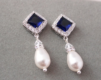 Silver and Blue Bride Pearl Drop Earrings Pearl studs 1920s Bridal  Earrings Wedding Earrings Art Deco Earrings, Wedding jewelry, Prom studs