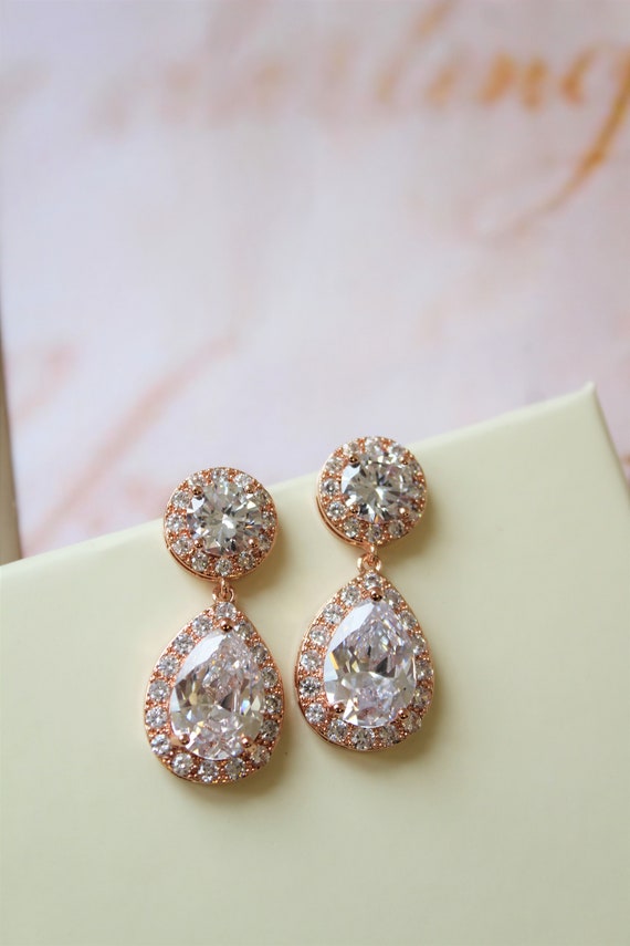 Rose Gold Zircon Earrings Bridal earrings Wedding Earrings | Etsy