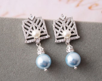 Silver Blue Bridal Earrings Art Deco Earrings Wedding Earrings  Bridesmaid Earrings Bridal Jewelry Pearl Wedding Jewelry  Downton Abbey