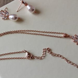 Rose Gold Bridal Pearl Drop Jewelry set Earring Necklace set Art Deco Jewelry Wedding Jewelry Bridal Necklace Bridesmaid Jewelry Prom image 9