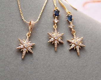 Gold Blue Star Bridal Earrings And Necklace Set, Celestial Wedding Earrings, Sapphire blue Starburst Earrings, Wedding jewelry set, gift