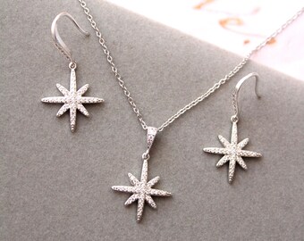 Starburst Bridal Jewelry Set:  Crystal Star Wedding Jewellery Set, Celestial Necklace and Earrings