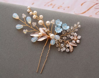 Gold and Blue Bridal hair pin, Bridal headpiece, Something Blue Wedding Hair Piece,  Wedding Hair Accessory, Floral hair vine for bride