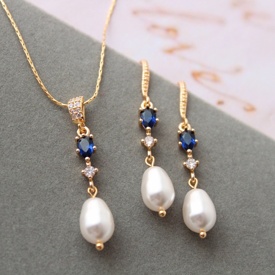 SET - Light Blue Petal  Diamond Necklace, Earring, Ring, Bracelet