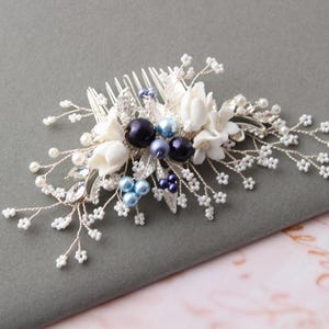 SALE Silver And Blue Wedding Hair Comb, Blue Bridal Headpiece, Bridal hair vine, Floral Back headpiece, Bridal Hair piece , Gift for bride