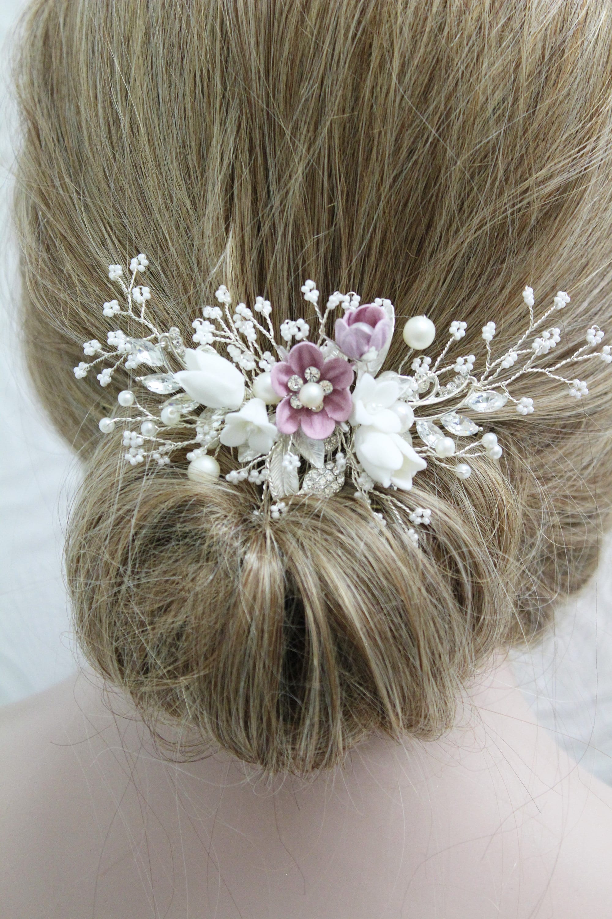 Silver and Pink Bridal Hair Comb,floral Wedding Hair Piece  display picture 3