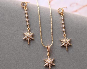 Gold Starburst  Bridal Jewellery Set: Celestial Crystal Earrings Star Necklace Zirconia Nouveau