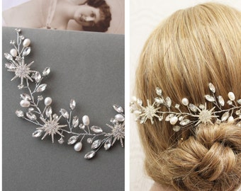 Celestial star hair vine Bridal Headpiece Vintage Style Bridal Hair Piece Pearl Star Hair Accessory Wedding Back Headpiece  Gift for bride