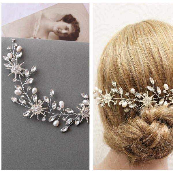 Celestial star hair vine Bridal Headpiece Vintage Style Bridal Hair Piece Pearl Star Hair Accessory Wedding Back Headpiece  Gift for bride