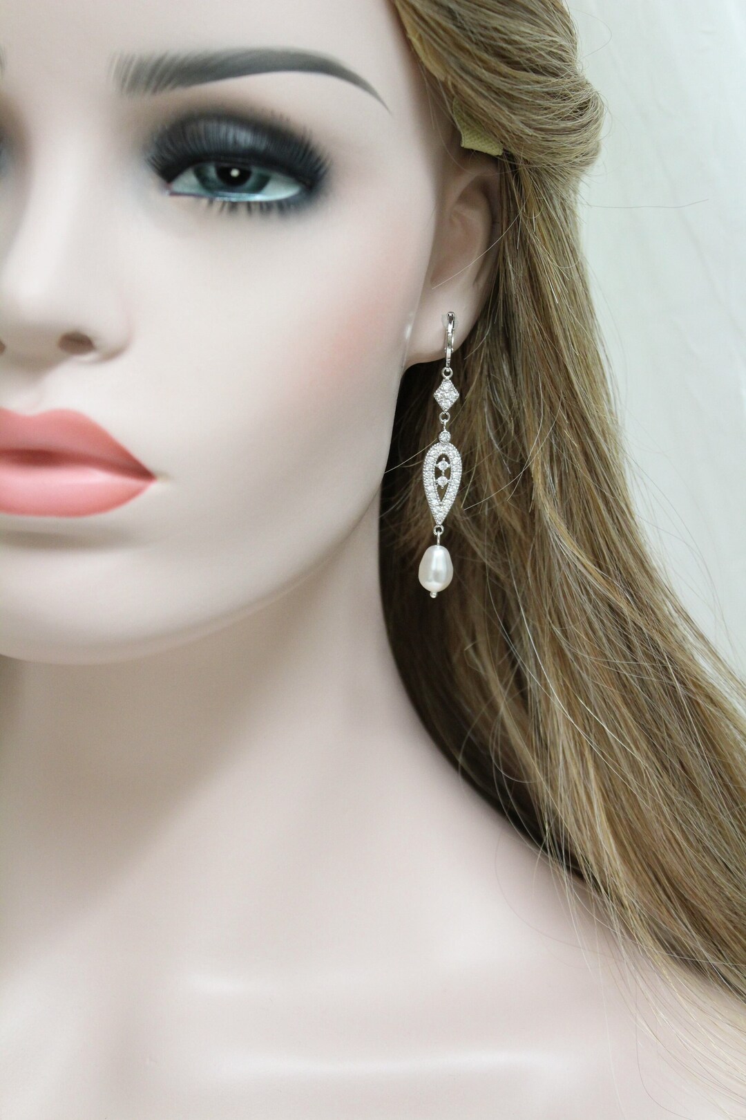 Vintage Style Bridal Pearl Drop Earrings, Silver Art Deco Earrings