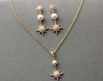 Gold Star Bridal Earrings And Necklace Set, Celestial Wedding Earrings, Starburst jewelry set Pearl Wedding Jewelry set