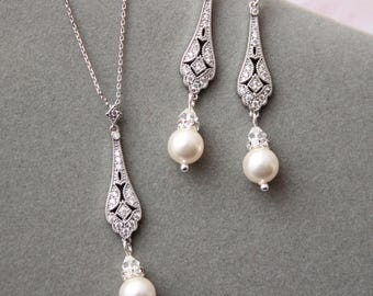 Bridal Art Deco necklace earring set, Earrings for Wedding, Vintage Style earrings, Wedding jewelry set, Pearl earrings, Gift for bride