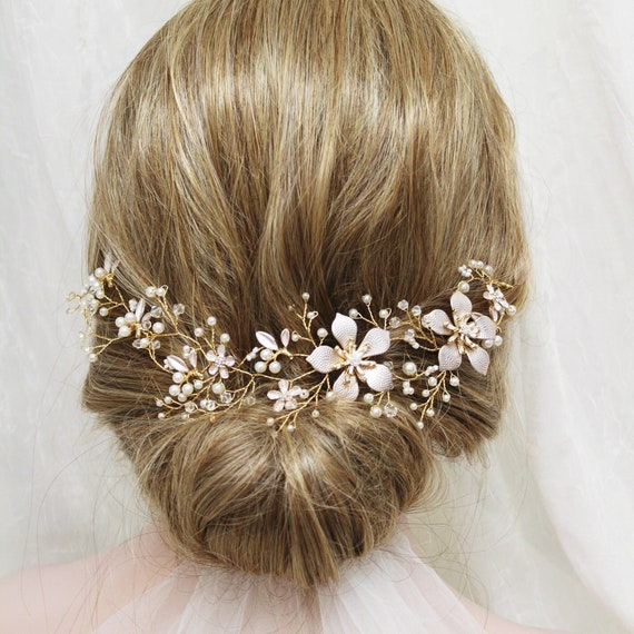 Gold Wedding Hair Vine ,Back Headpiece , Crystal Pearl Hair Piece, Floral Bridal Headpiece,  Wedding Hair Piece, Bridal headband , UK