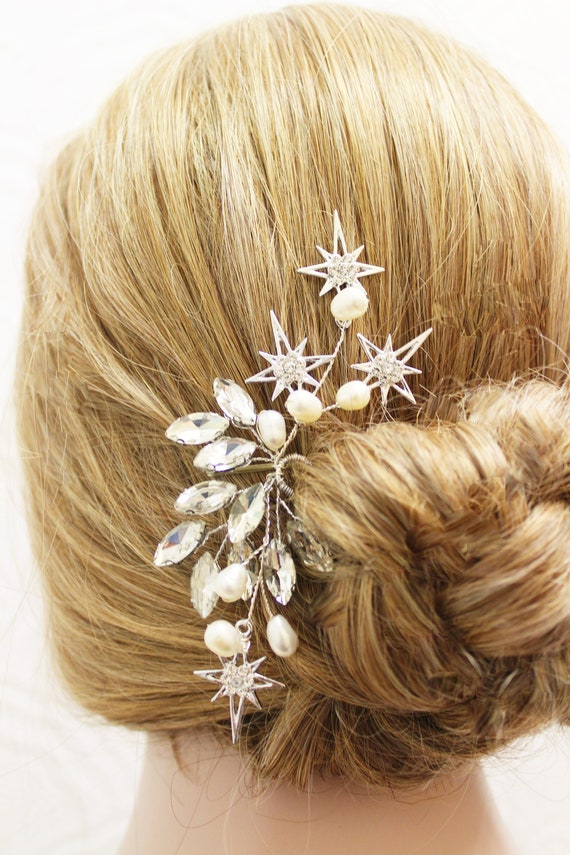 Silver Starburst Bridal Hair Pin: Rhinestone Pearl Celestial  display picture 1