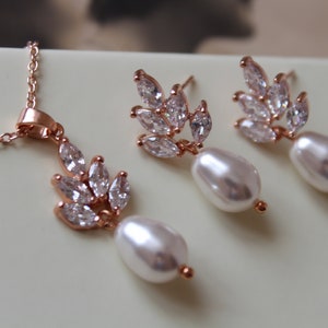 Rose Gold Bridal Pearl Drop Jewelry set Earring Necklace set Art Deco Jewelry Wedding Jewelry Bridal Necklace Bridesmaid Jewelry Prom image 5