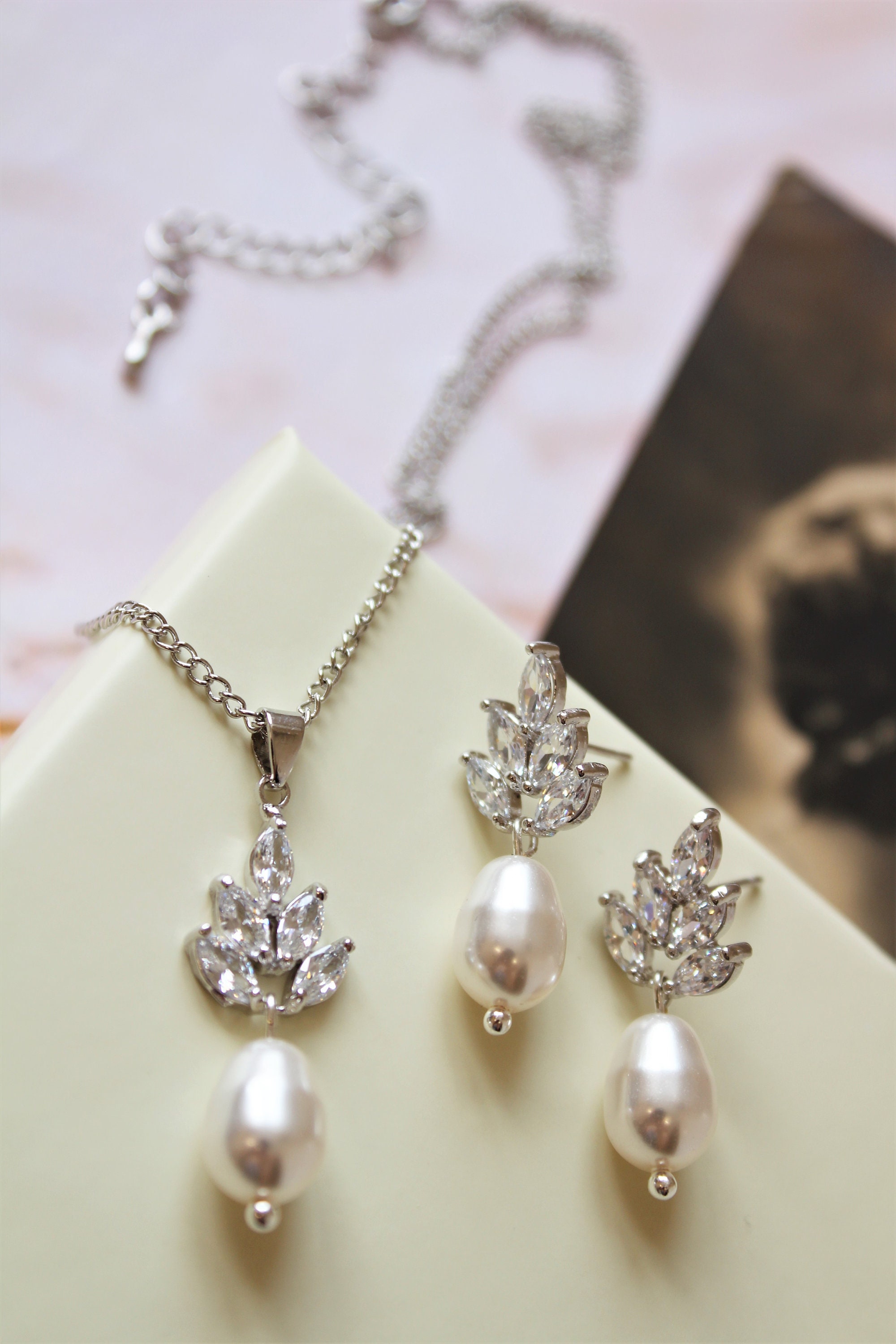 Silver Wedding Earring and Necklace Set Art Deco Earrings - Etsy UK