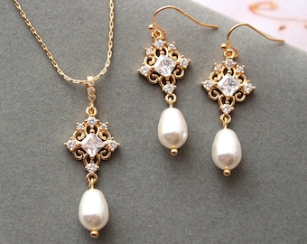 Pearl Drop Bridal Jewelry Set: Gold CZ Crystal Earrings & Necklace, Wedding Jewellery Set, Regency Jewelry