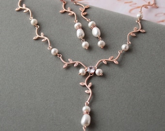 Ensemble de bijoux de mariée en or rose avec perles baroques, collier et boucles d'oreilles nuptiales en forme de feuille Boucles d'oreilles pendantes en nacre