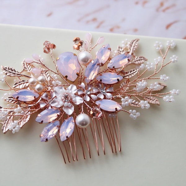 Rose gold  blush bridal Hair Comb Crystal Pearl Hair vine Leaf pin  Floral Bridal Headpiece  Pink Wedding hair piece boho  hair accessory