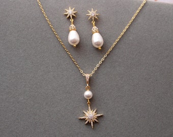 Delicate Gold Celestial jewellery set Starburst Bridal Earrings and necklace, Star Earrings Wedding Earrings  Bridal Jewelry