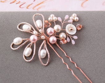 Rose Gold  Pink Wedding Hair Pin, Bridal Headpiece,Blush Hair Vine, Wedding Hair clip, Back headpiece, Floral  Wedding hair accessory