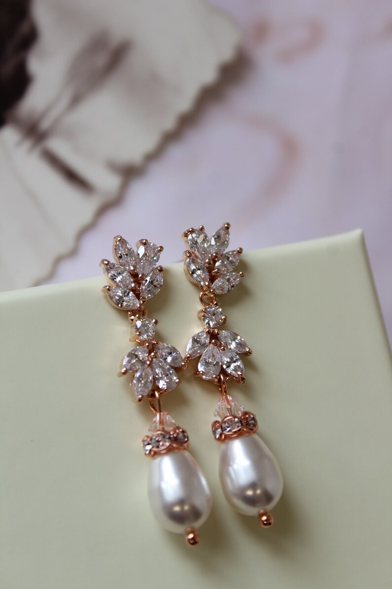 Rose Gold Bridal Earrings Art Deco Earrings Pearl Drop Etsy