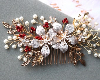 Gold And Red Bridal Hair Comb, Wedding Headpiece, Floral Bridal Hair Piece, Crystal Pearl Hair pin, Bridal Headpiece, Red hair clip, gift