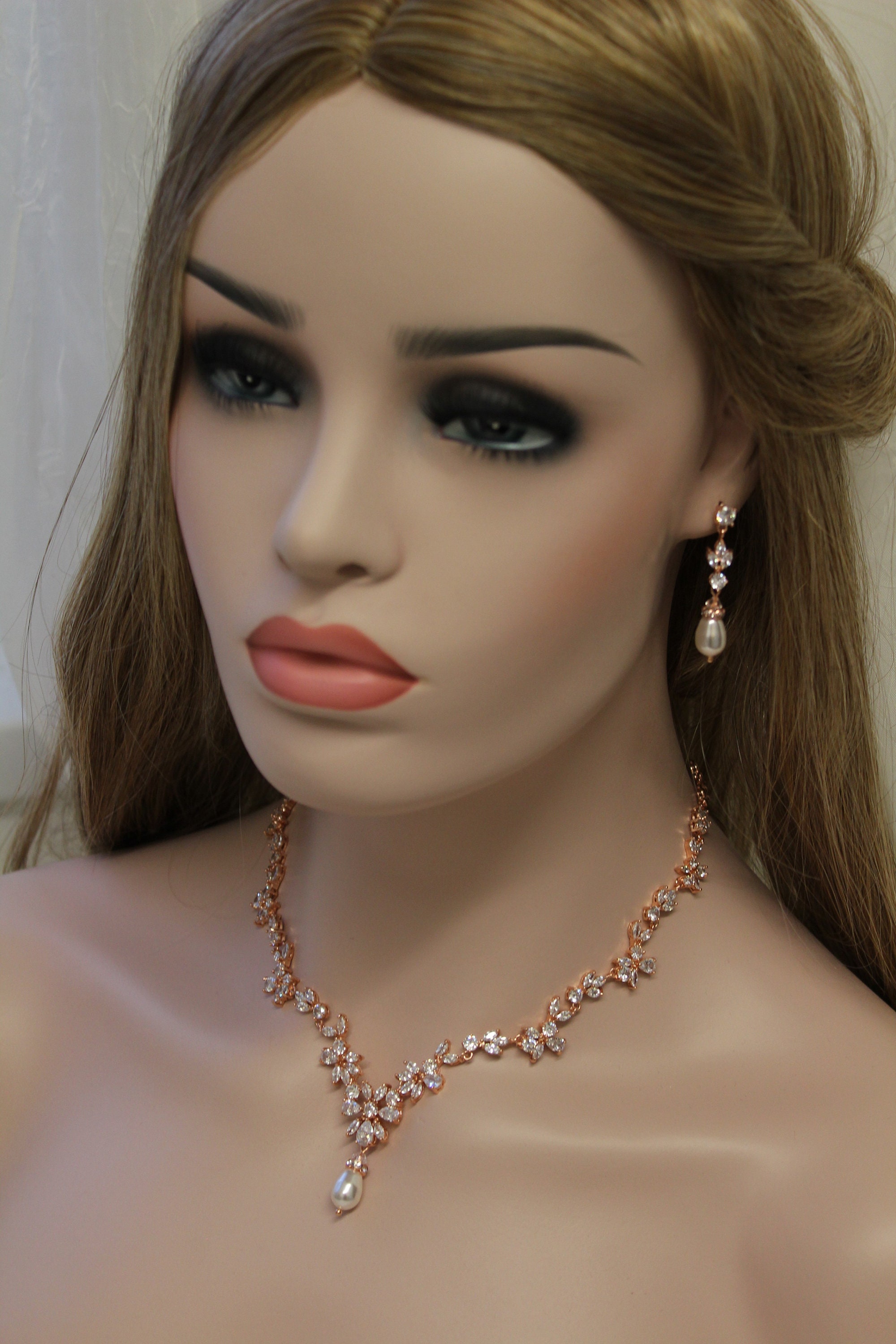 Rose Gold Bridal Earring and Necklace Set Wedding Jewelry Etsy