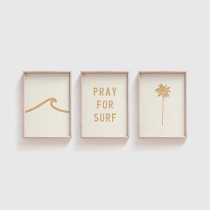 Pray For Surf + Surf Wave + Palm Tree | Set Of Three Prints | Surf Wall Art | Surf Nursery | Boys or Girls Bedroom | Tan | Nursery Wall Art