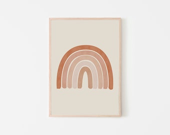 Pode incluir: Uma impressão emoldurada de um arco-íris de aquarela em tons de marrom, laranja e rosa sobre um fundo creme.